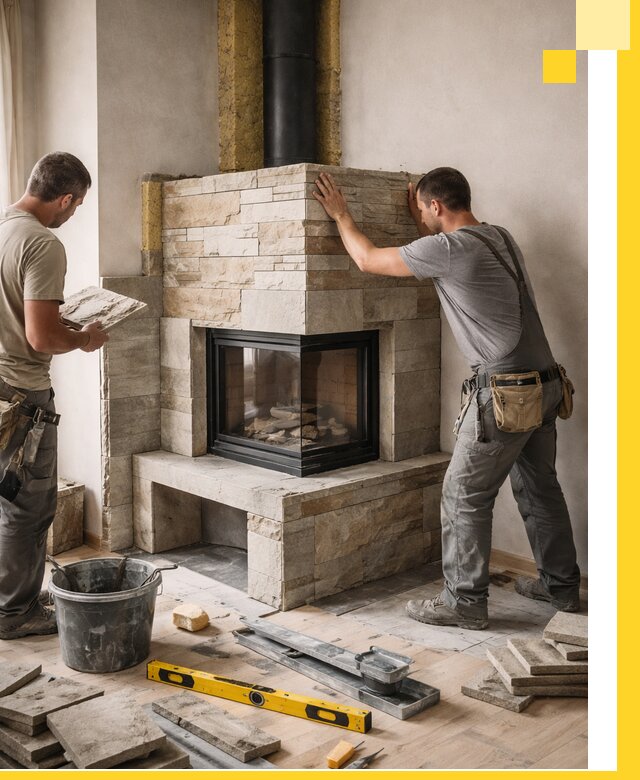 Угловые камины под ключ проект, монтаж и отделка в Большой Камне