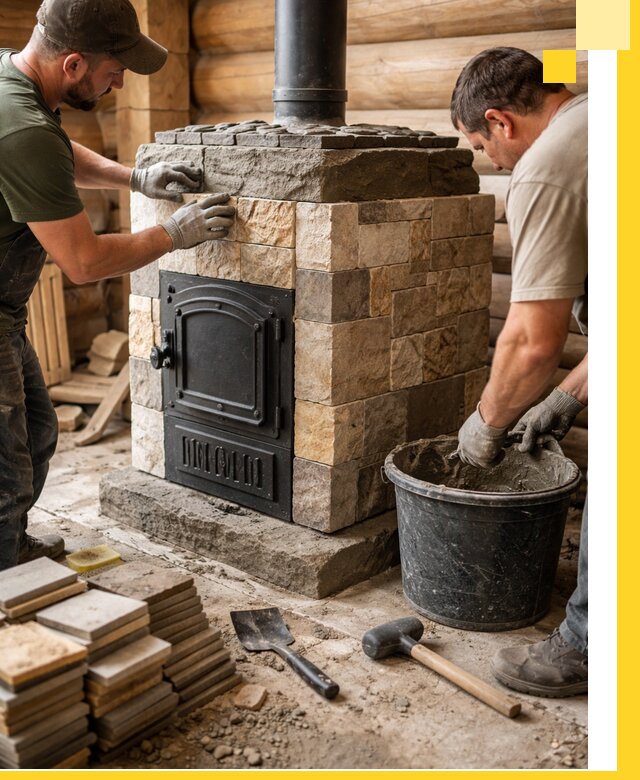 Облицовка банной печи под ключ в Большой Камне: камень и плитка